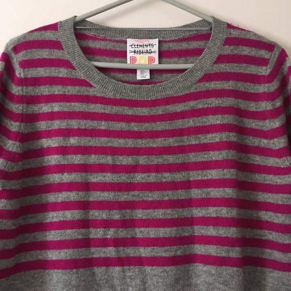 CLEMENTS RIBEIRO POP 100% Cashmere Grey + Fuchsia Stripe Crew Sweater L - Picture 2 of 5